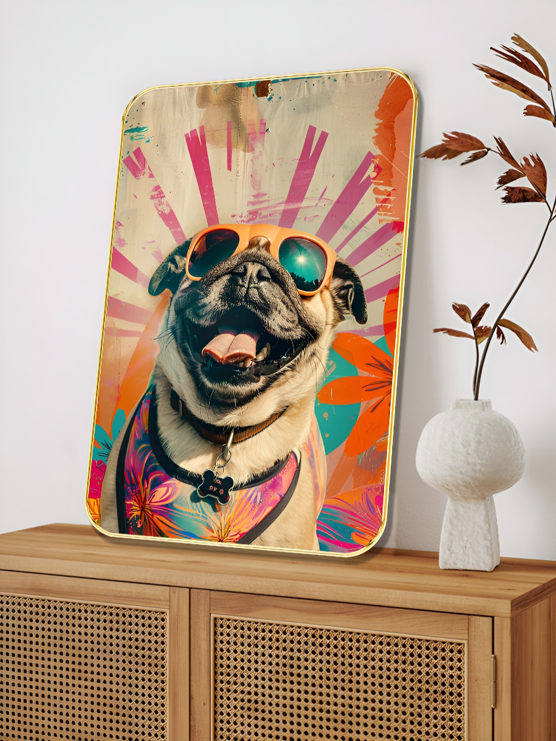 SAF Pink & Beige MDF Cool Pug  Wall Art