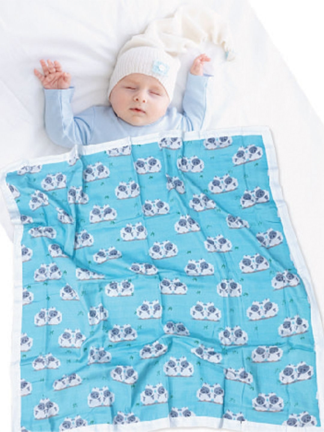 Polka Tots Kids Blue & White Printed Mild Winter 233 GSM Single Bed Blanket