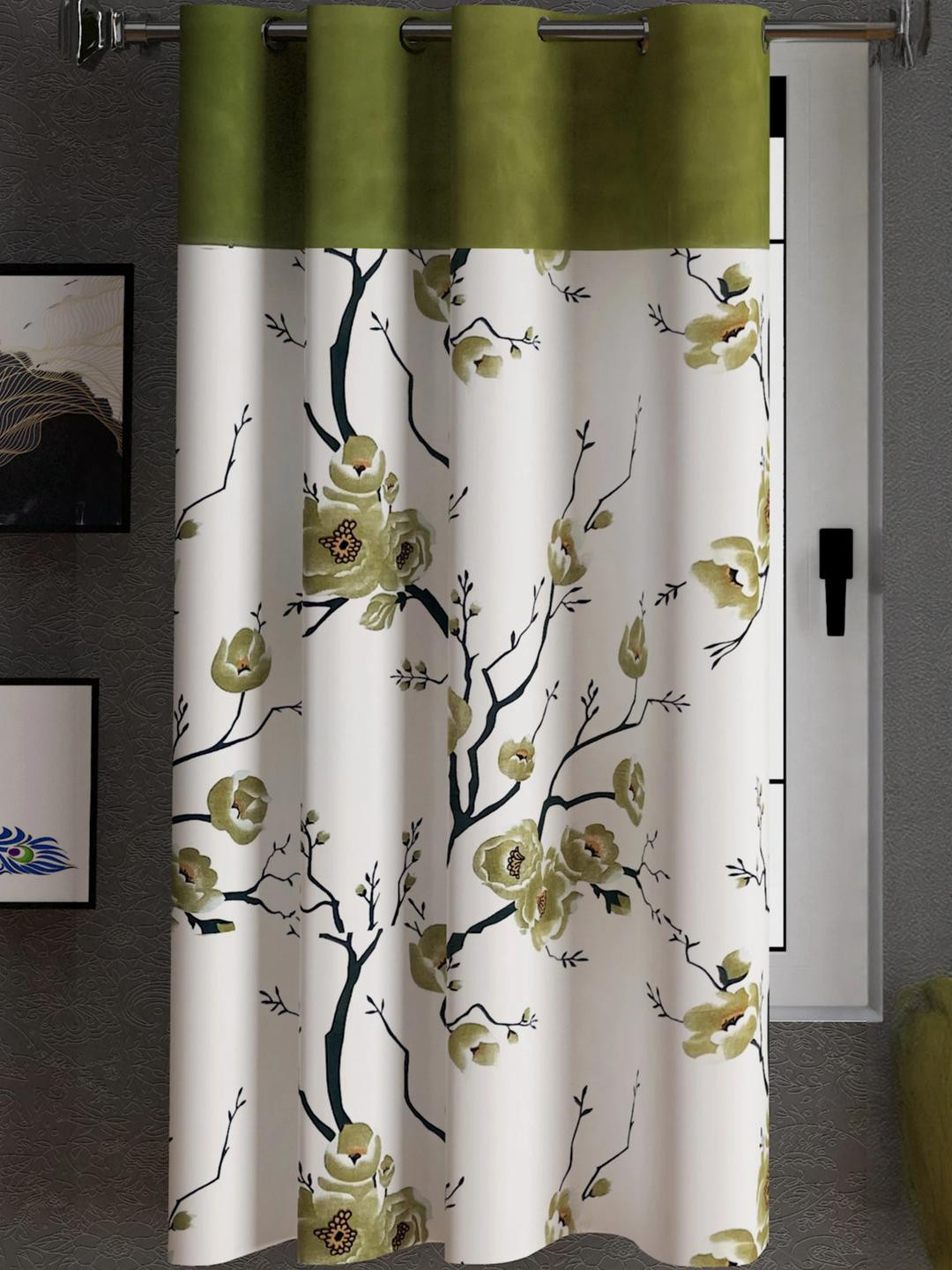 Lunar Days Pack of 1 Green & White Floral Window Eyelet Ring Curtain