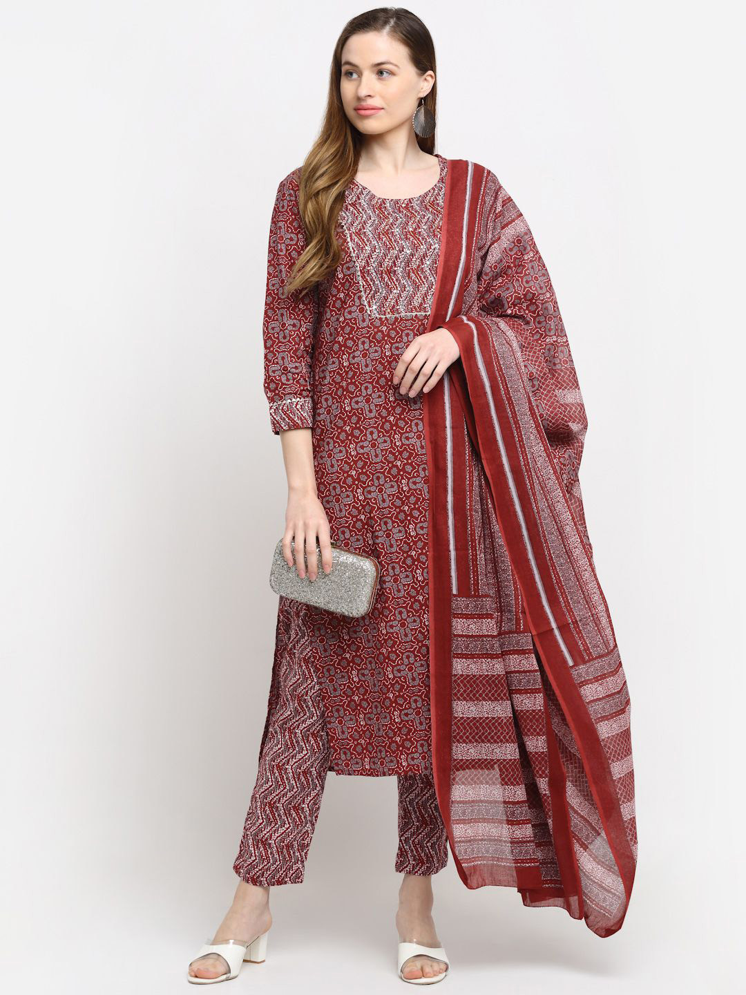 MYAZA Women Woven Design Printed Cotton Kurta with Trousers & Dupatta