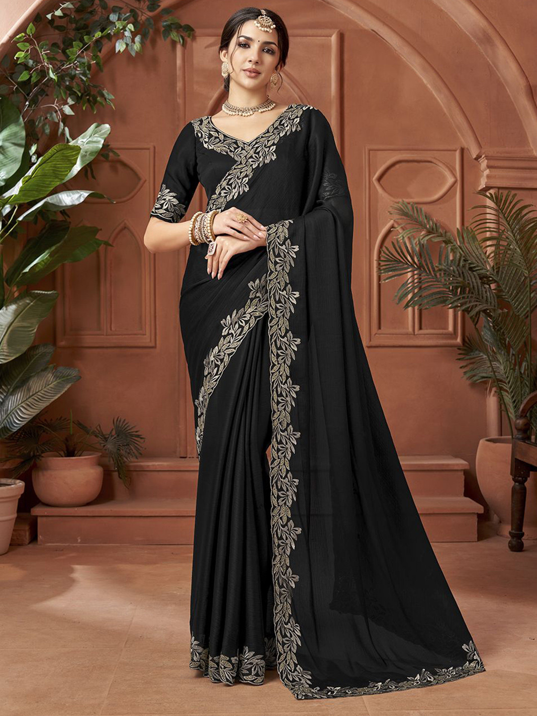 Arron Creats Beads and Stones Embroidered Border Satin Saree