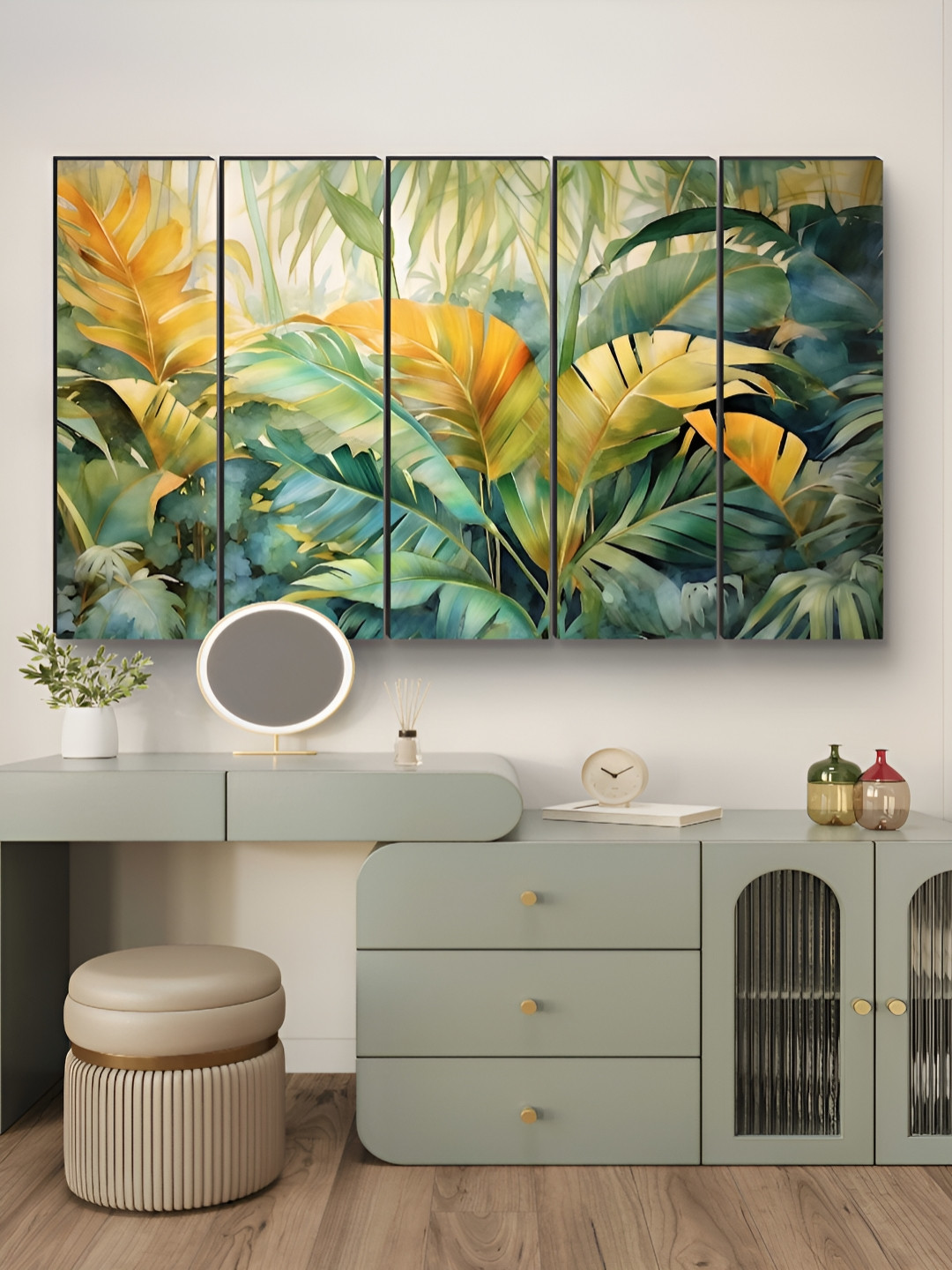 Myntra Elegant Homes Green & White 5 Pieces Tropical Leaf MDF Wooden Wall Art