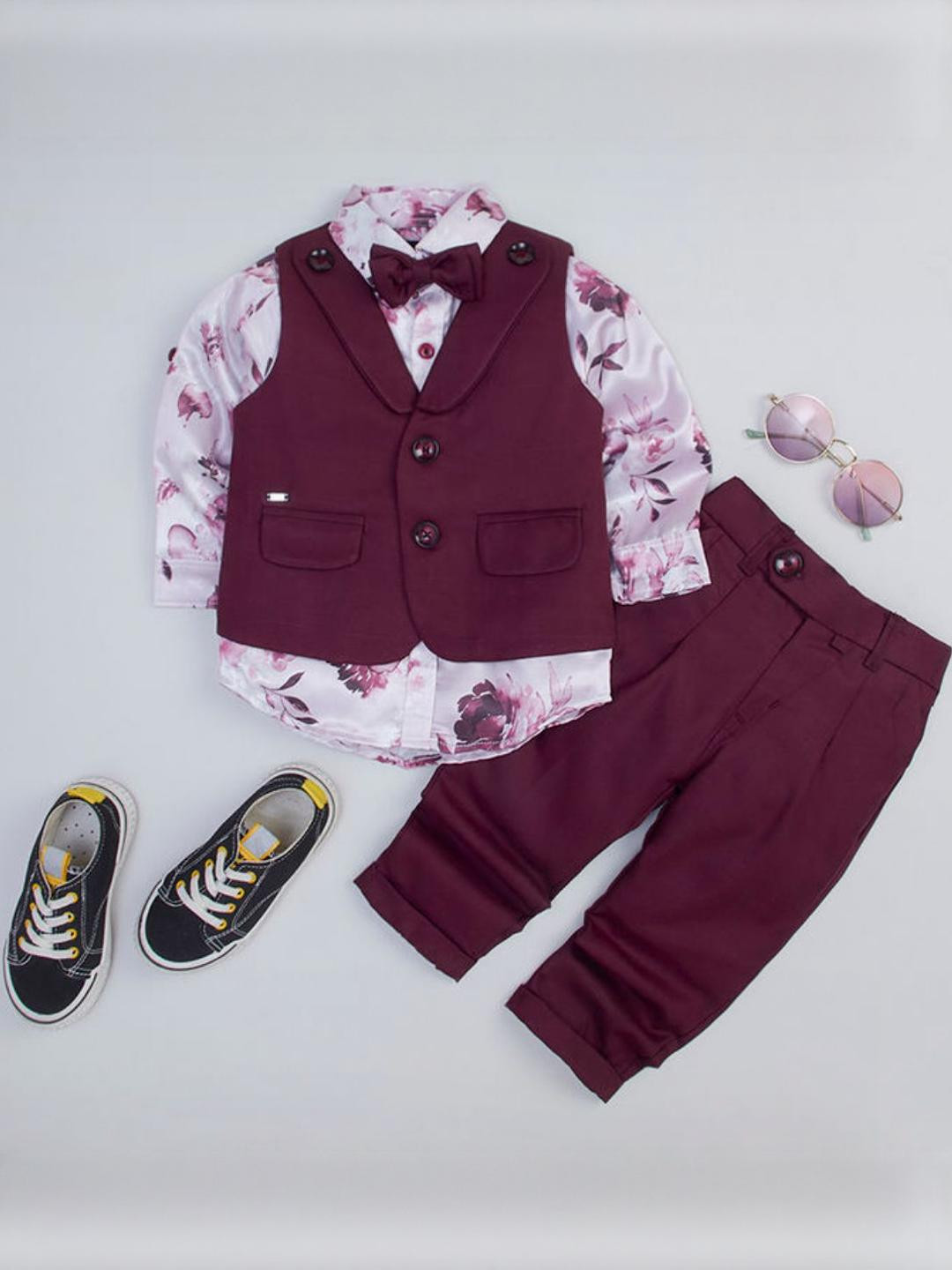 Little Collar Maroon  Boys Graphic Print Shirt Coat and Pant Formal Set