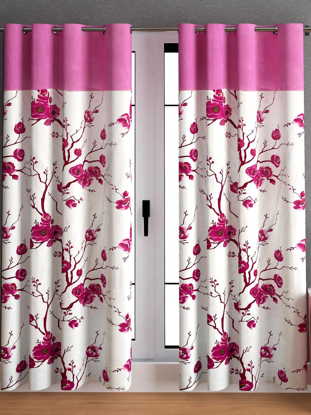 Lunar Days White & Pink Floral Printed Wrinkle Free Long Door Curtain