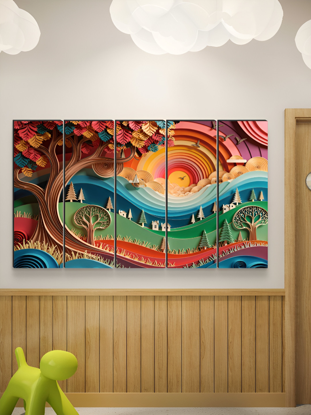 Myntra Elegant Homes Yellow & Pink 5 Pieces Layered Sunset MDF Wooden Wall Art