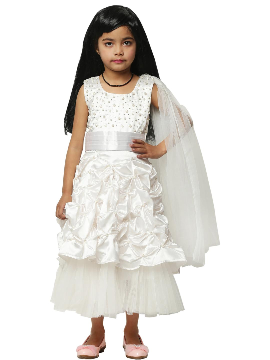 Shahina Fashion Girls White Pearls Embellished Polyester Maxi Dress