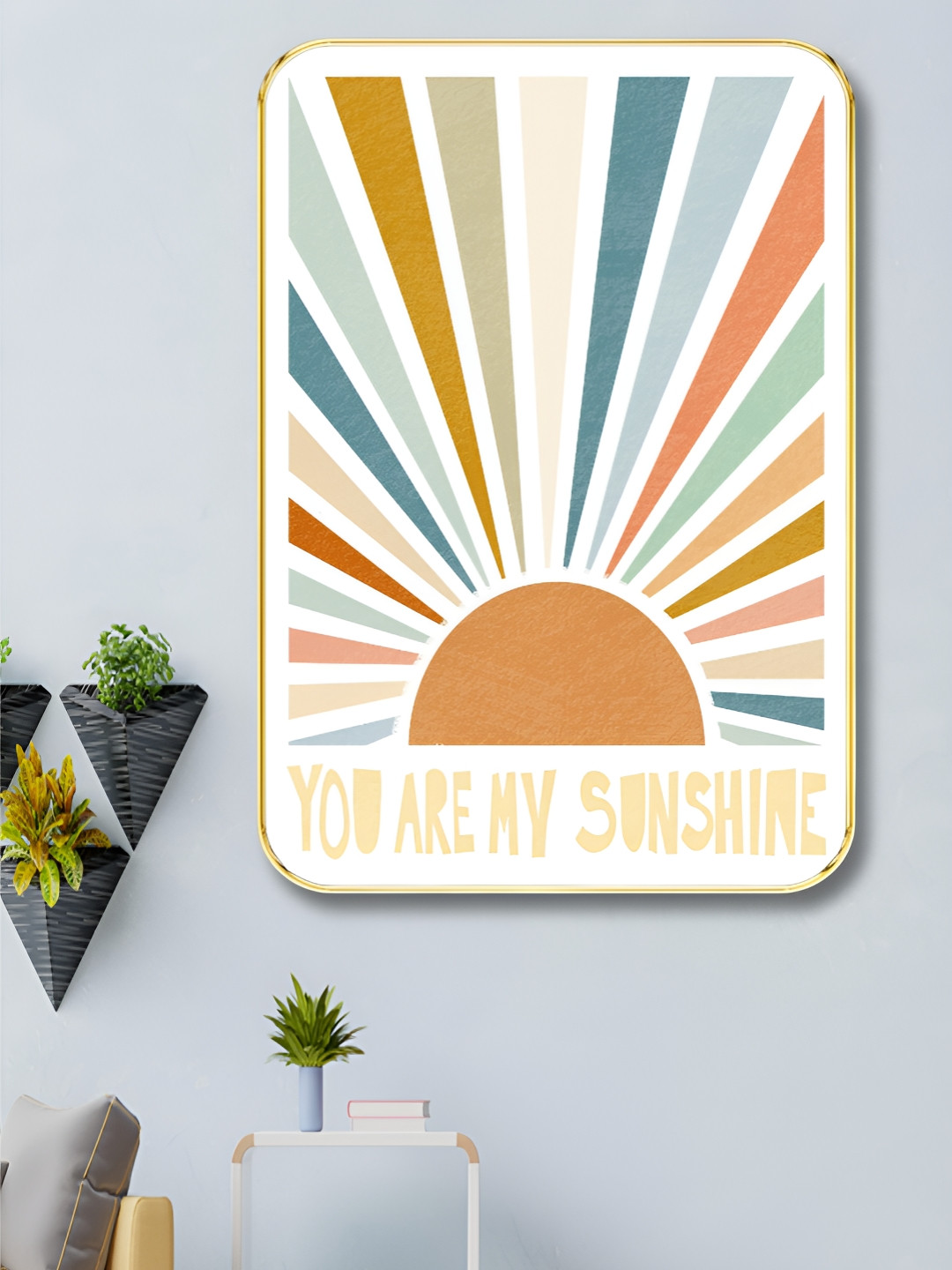 Livin'luxe Beige & Blue Wooden Retro Boho Sunburst Poster Wall Art