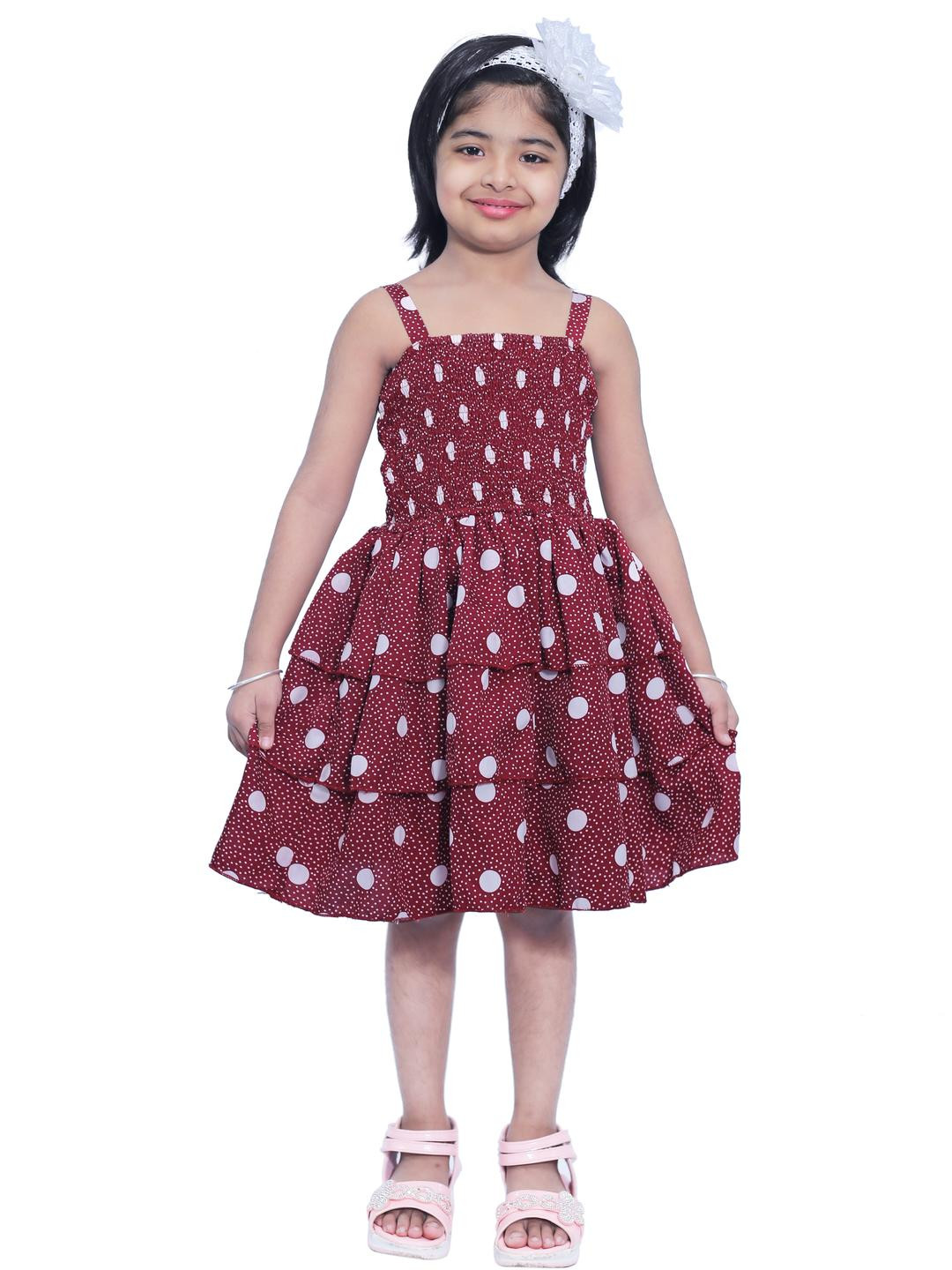 Shahina Fashion Girls' Strapless Maroon Knee-Length Polka Dot Mini Frock