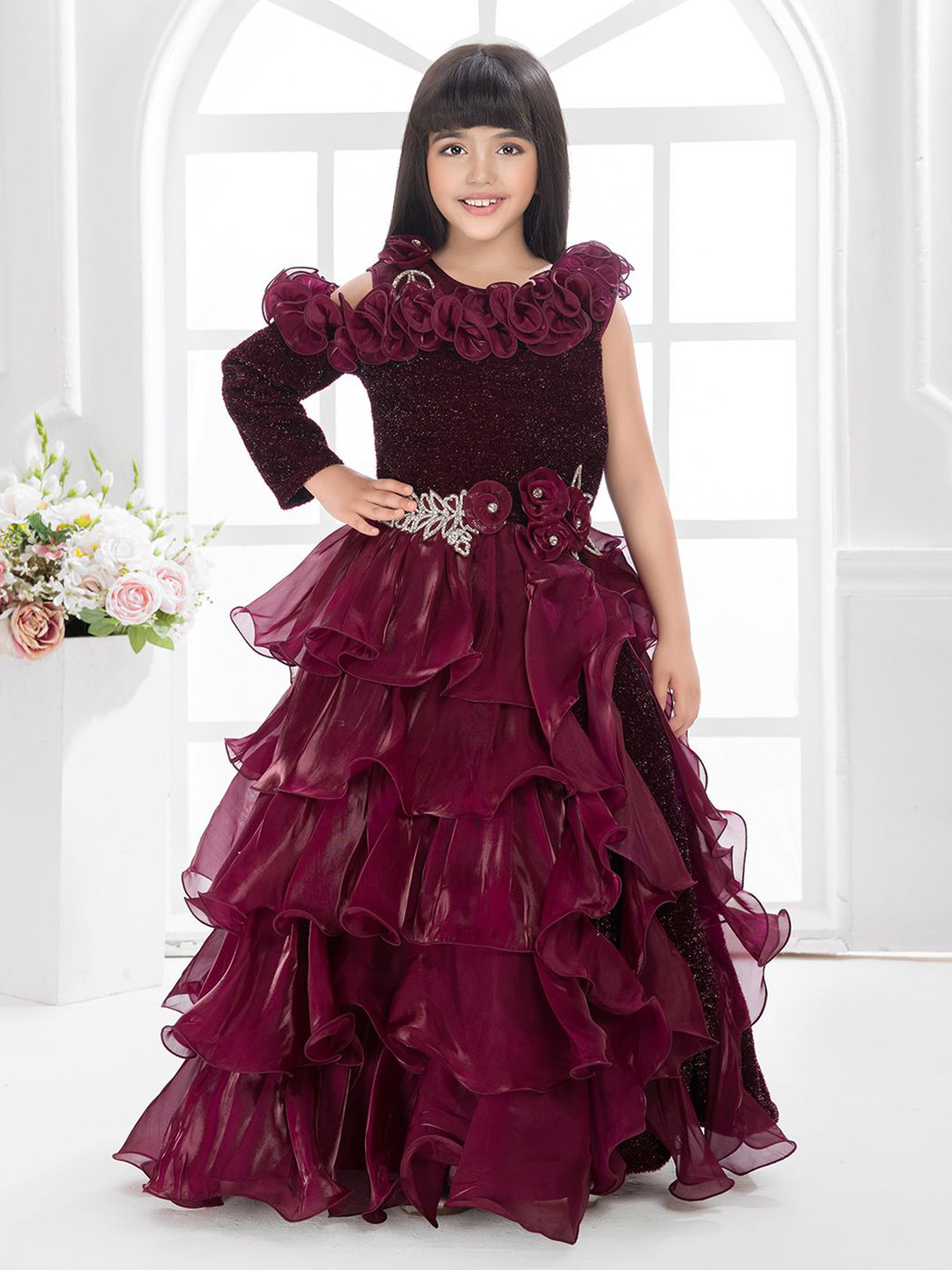 Tiny Kingdom Girls One Shoulder Layered Gown Maxi Dress