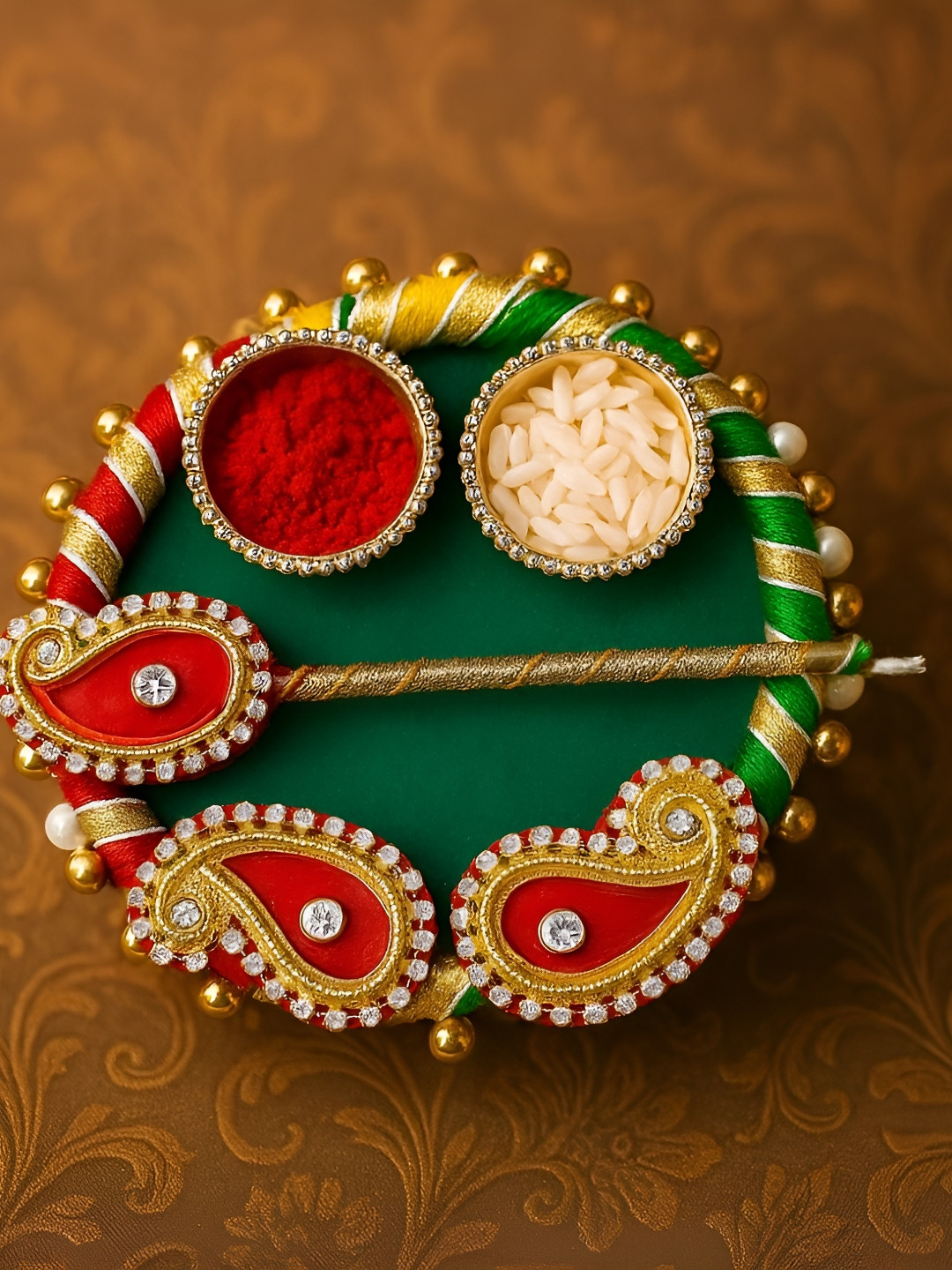 PUFFSMART Green & Red Textured Roli Chawal Stand With Roli Stick