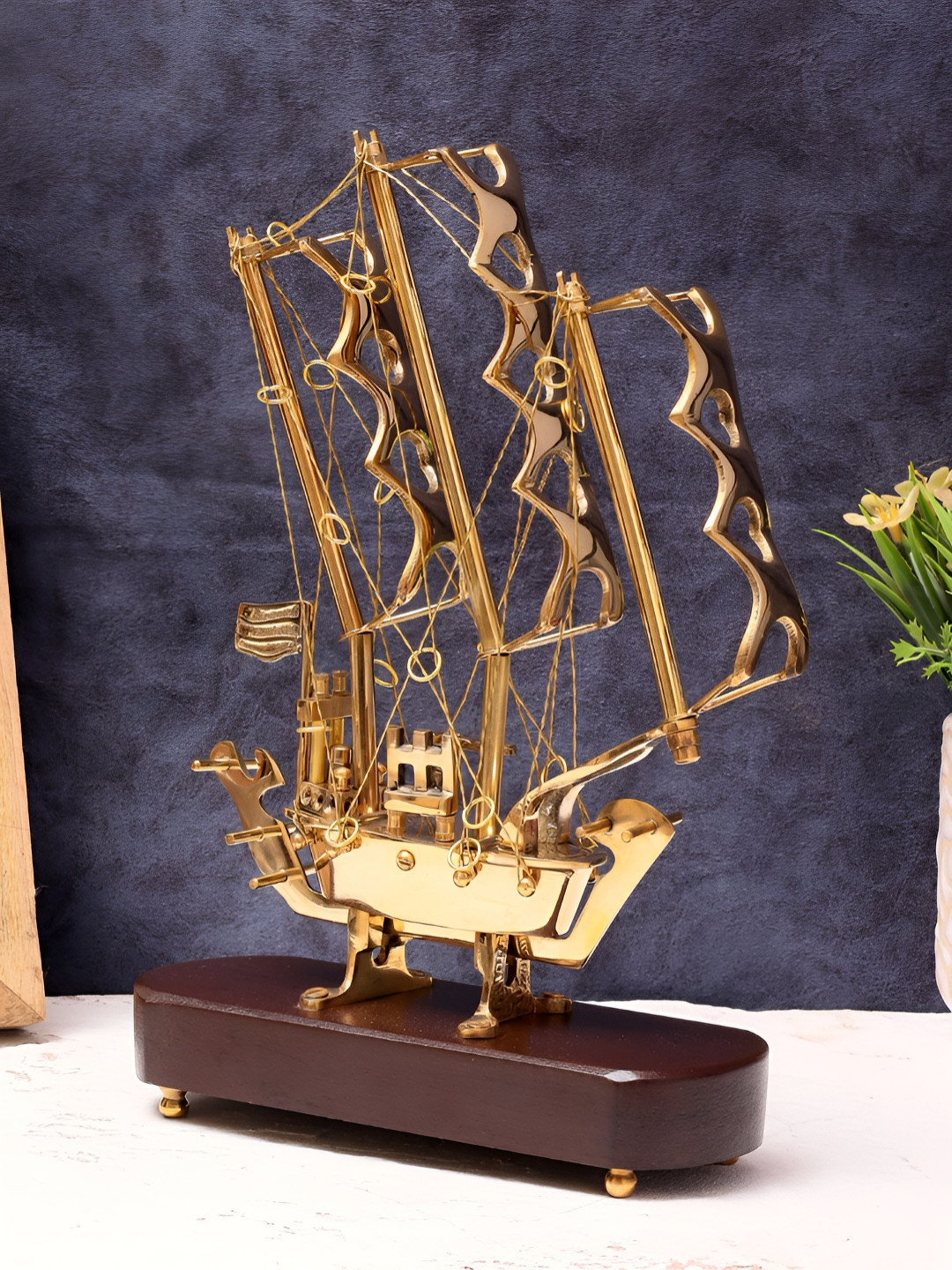 EXIM DECOR Gold-Toned Classic Ship Miniature With Cast Wooden Showpiece