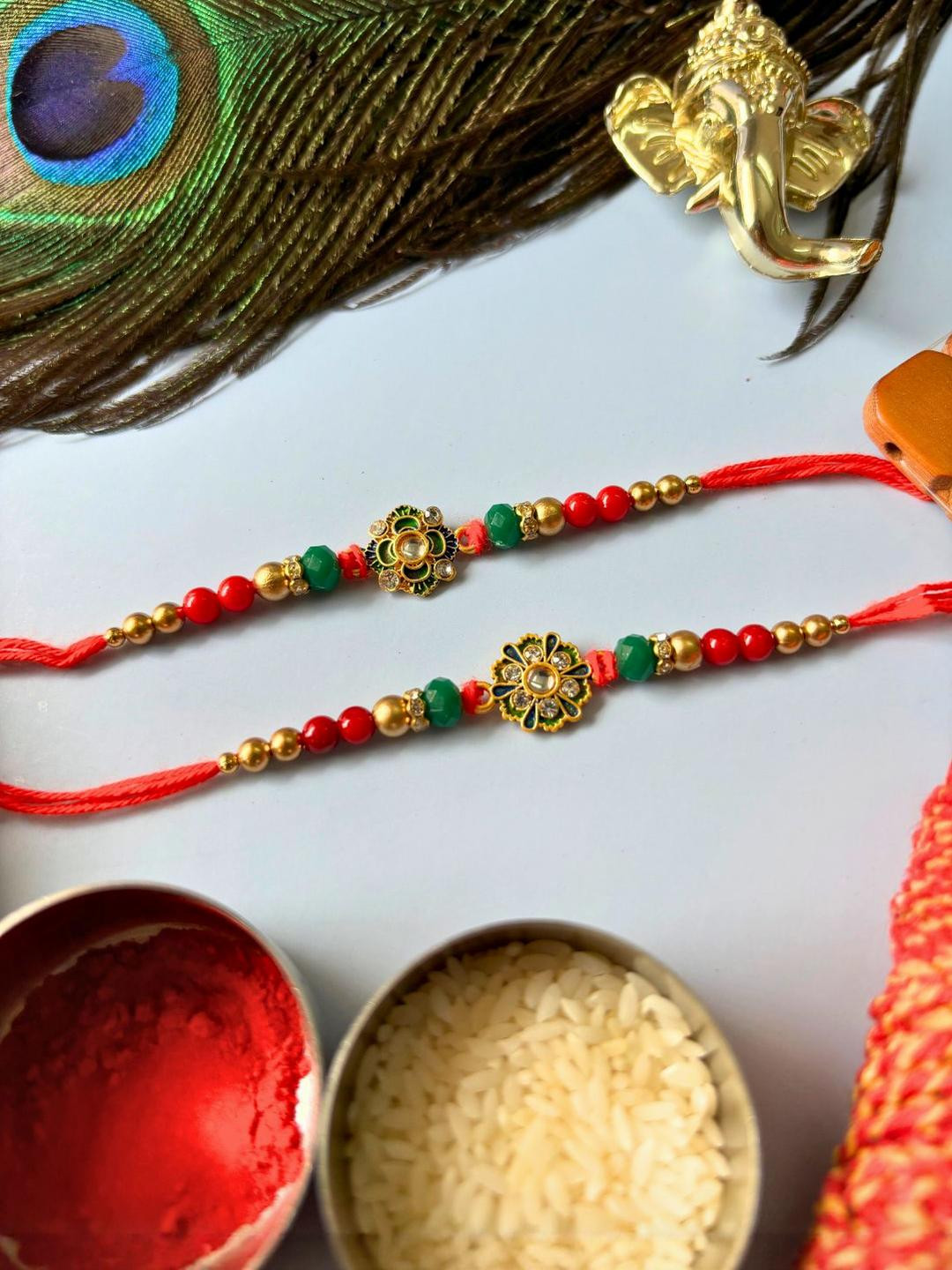 Set of 2pc Stone Studded & Beaded Thread Rakhi Meenakari Kundan Traditional Handmade Rakhi for Brother