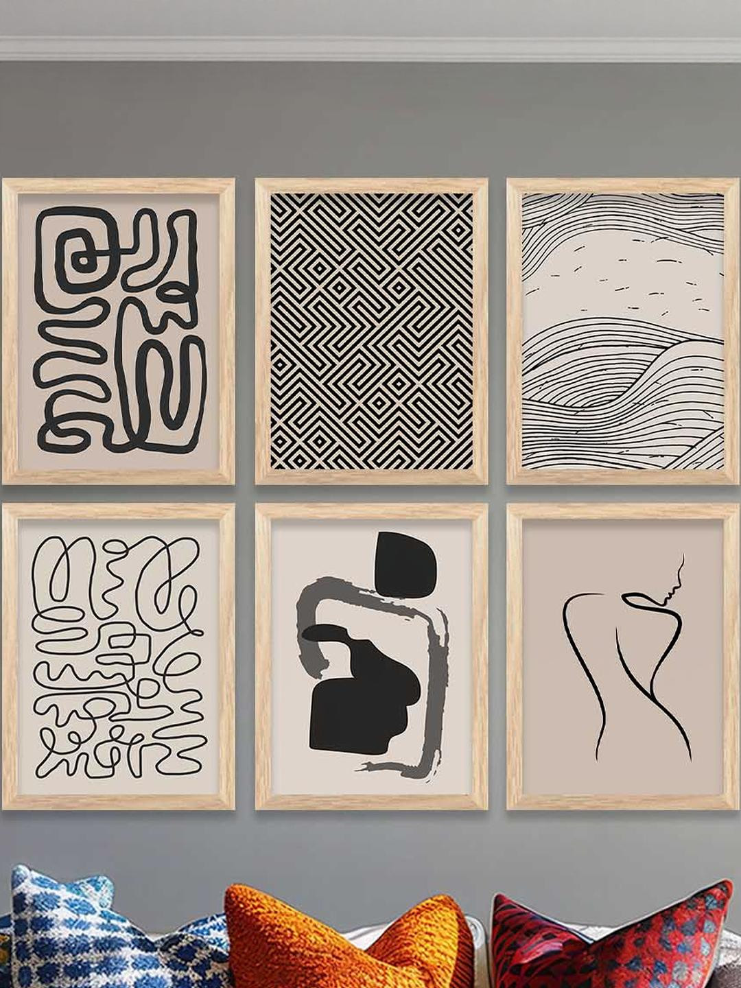 WALLLANE Pack of 6 Black & Beige Piece Wood Abstract Wall Paintings