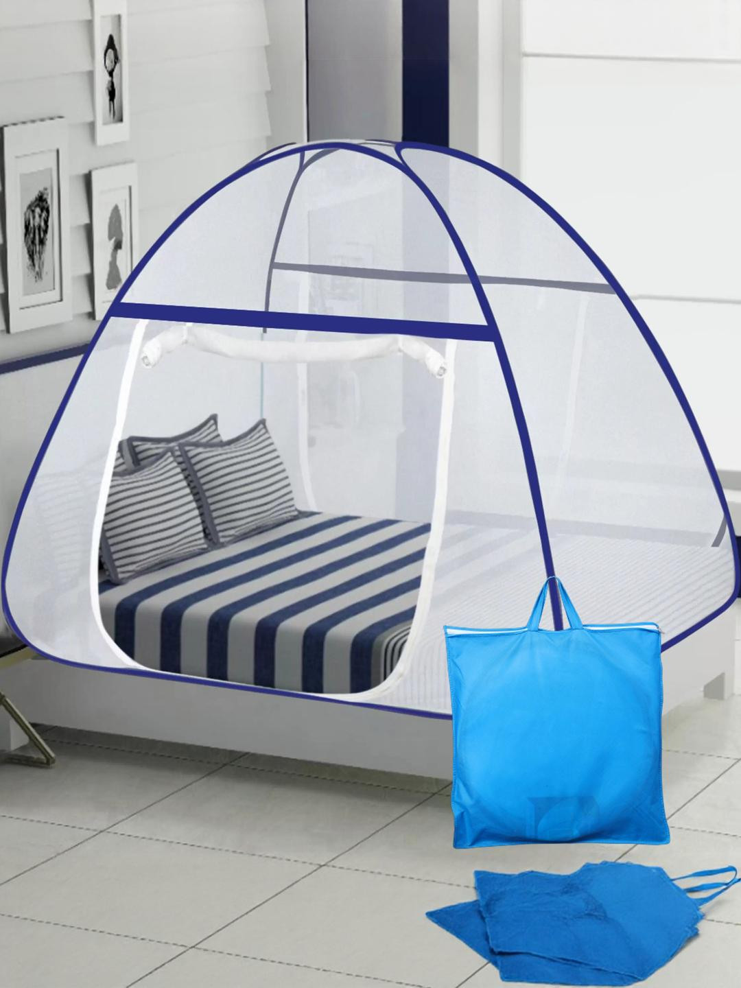 GK-JLPV Navy Blue & White King Size Tent Mosquito Net