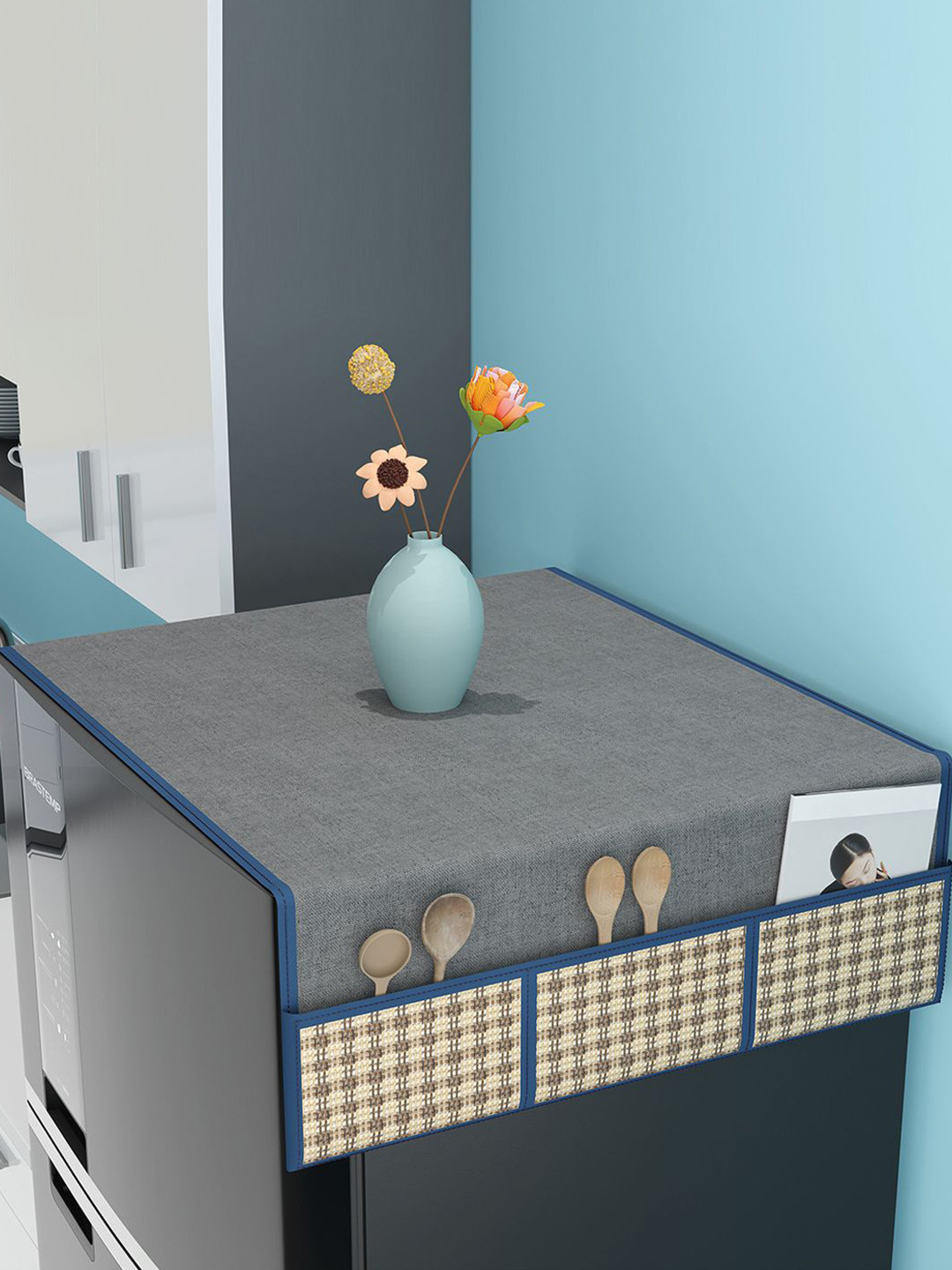 Kuber Industries Grey & Blue Jute Fridge Cover Top With 6 Utility Storage Side Pockets