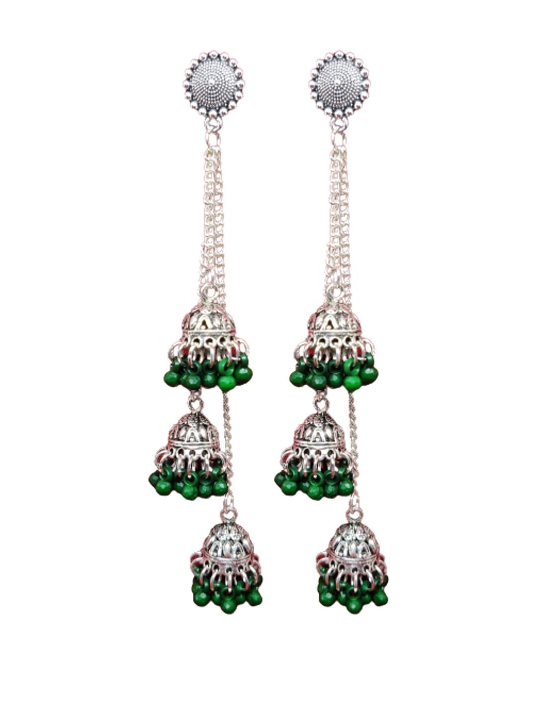 Weariton Women Silver Plated Green Beads Jhumkas