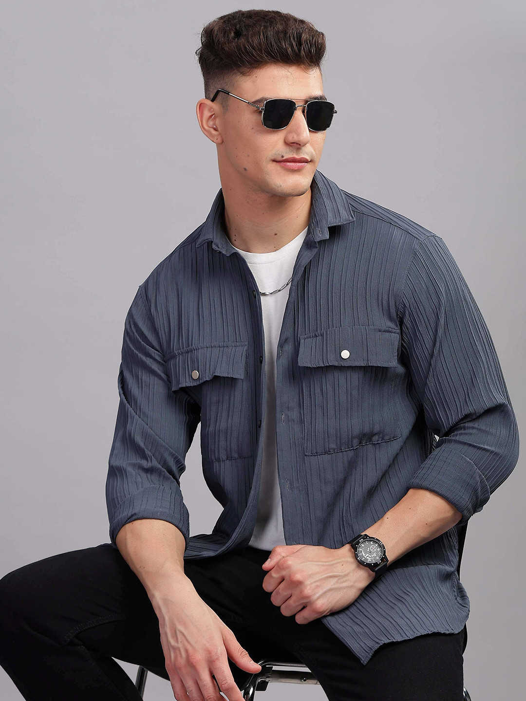 7TH LEGION Smart Textured Striped Spread Collar Double Pocket  Casual Shirt