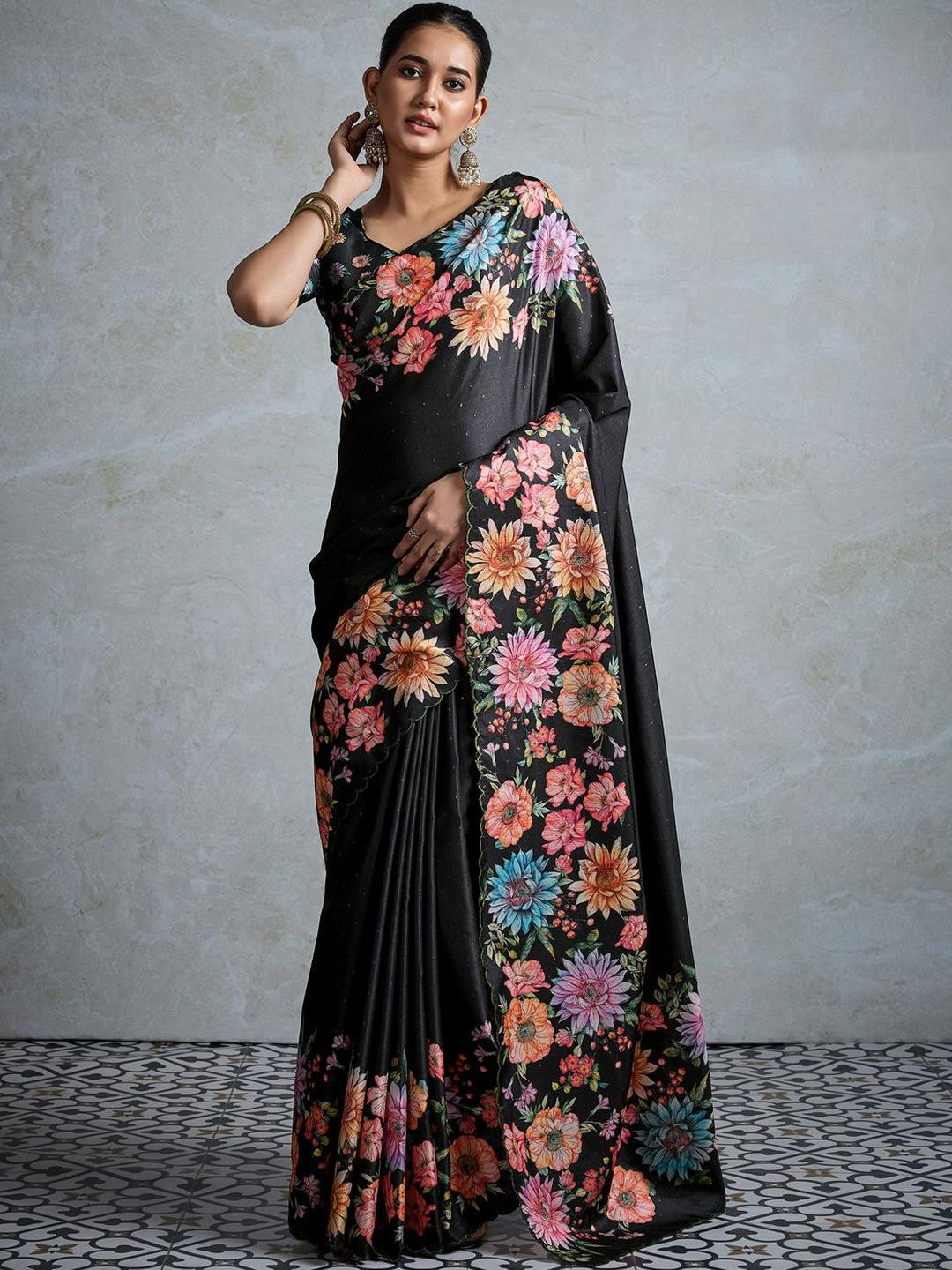 Anouk Black Tussar Silk Ethnic Printed Party Wear Saree