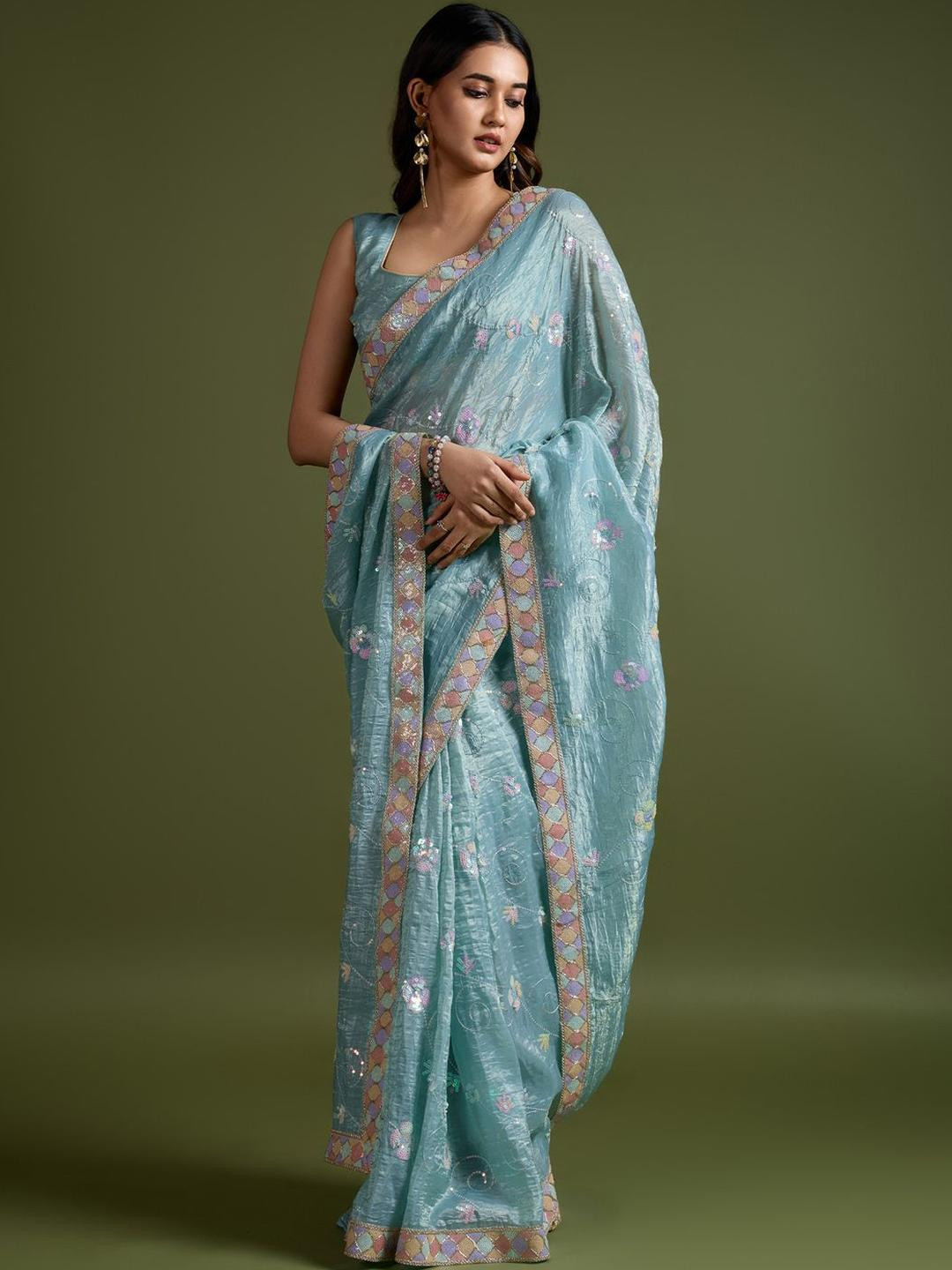 Anouk Light Blue Tissue Ethnic Embellished Party Wear Saree