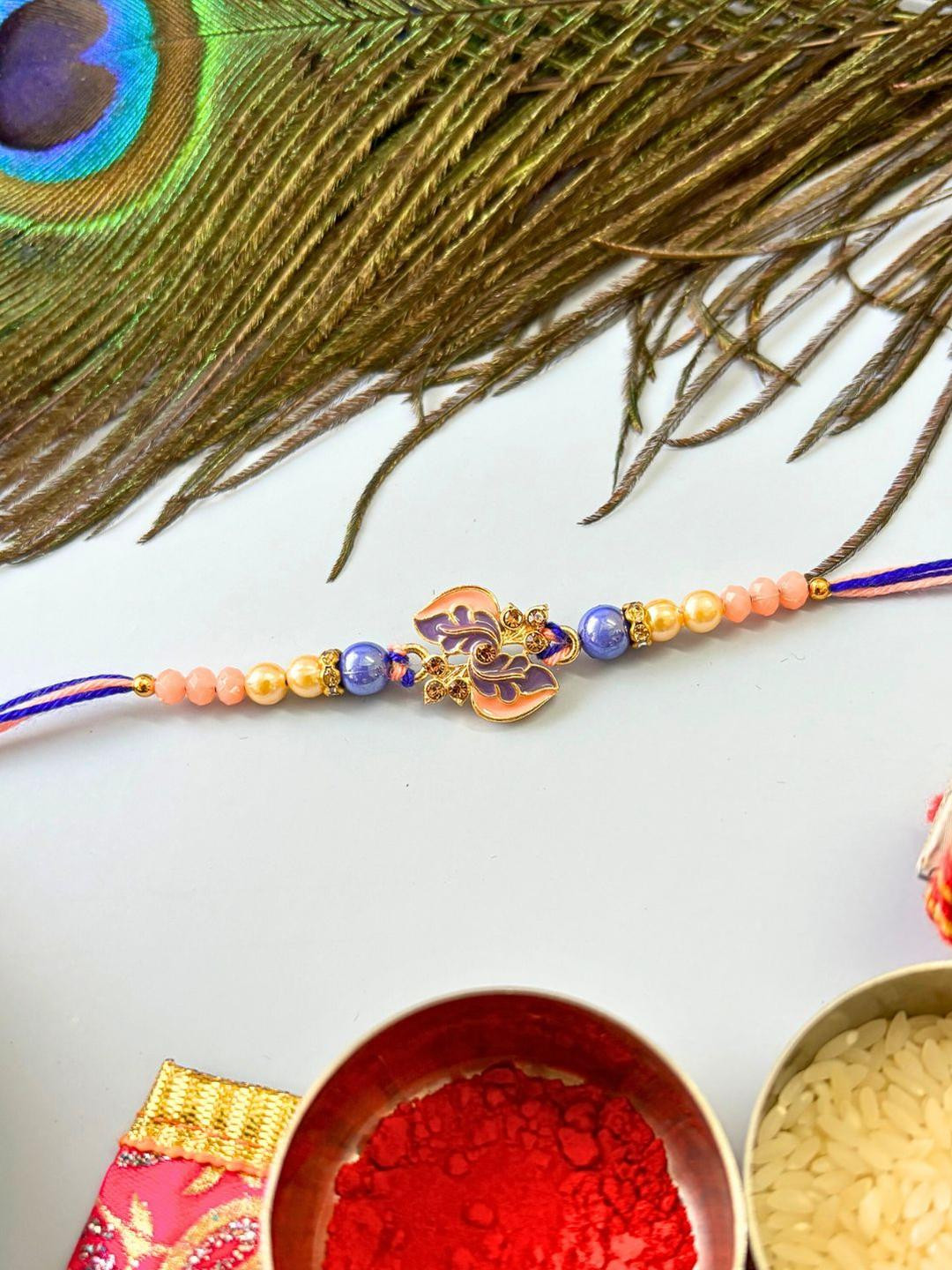 Purple Stone Studded & Beaded Thread Rakhi Traditional Handmade Rakhi for Brother