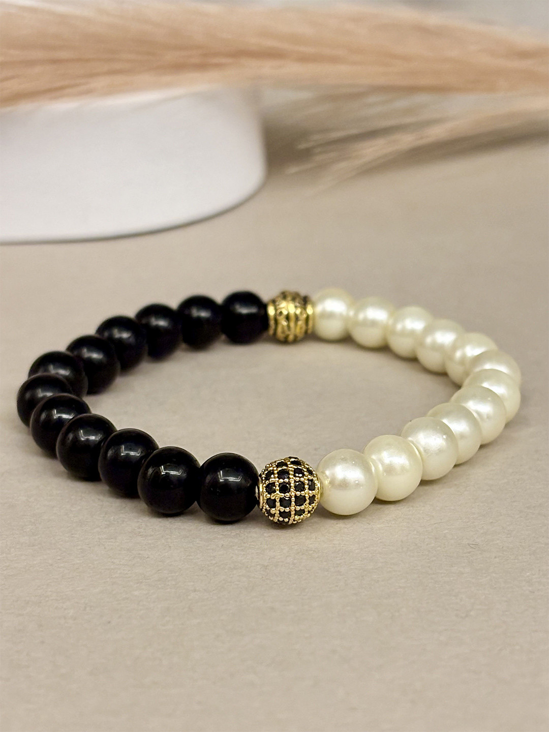 SANAA CREATIONS Unisex Crimson Stone Onyx & Howlite Stones Studded Elasticated Bracelet