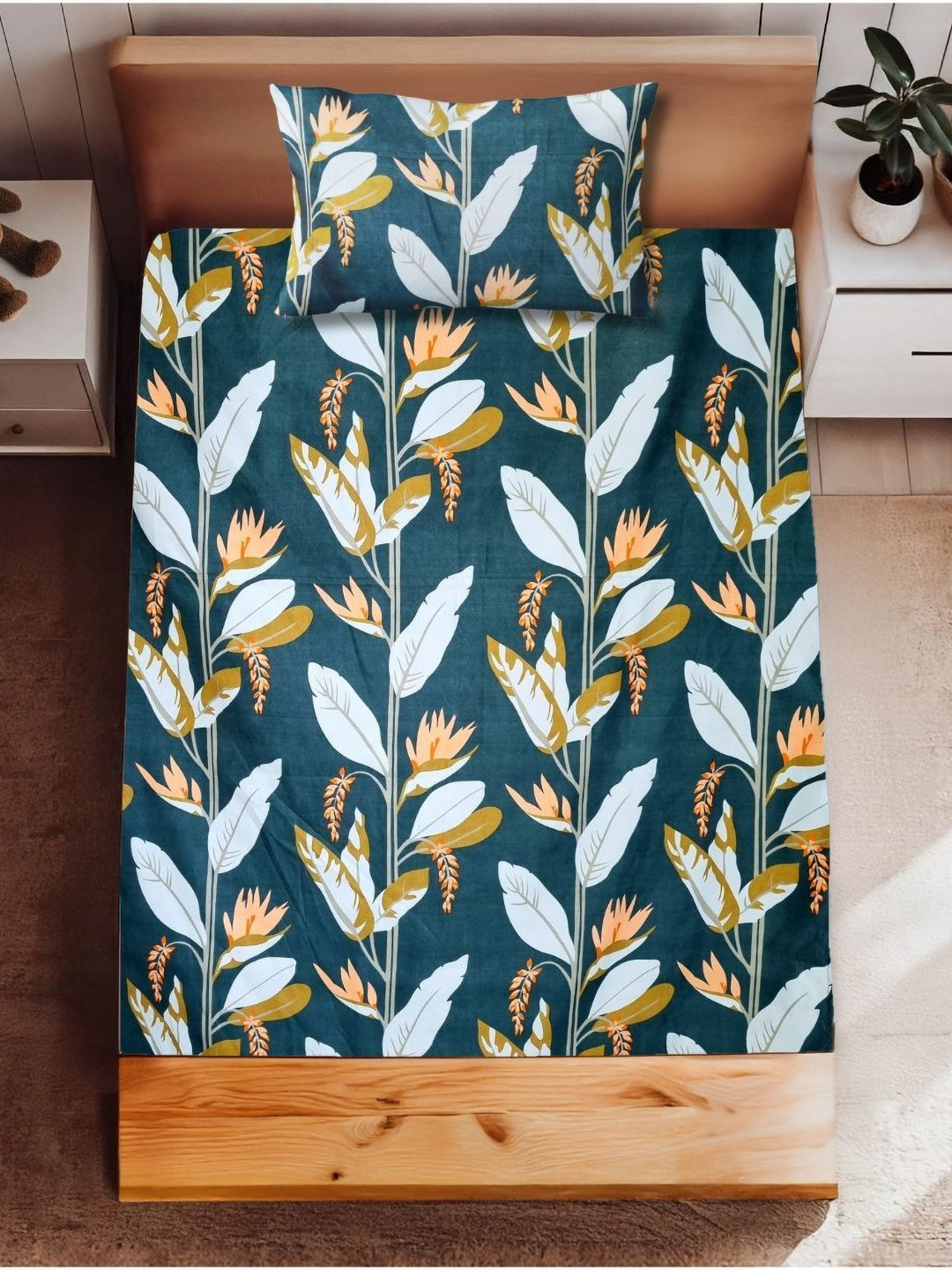 HARYANA HOOPS Teal & White Floral 220 TC Single Bedsheet Set 1.64m x 2.31m