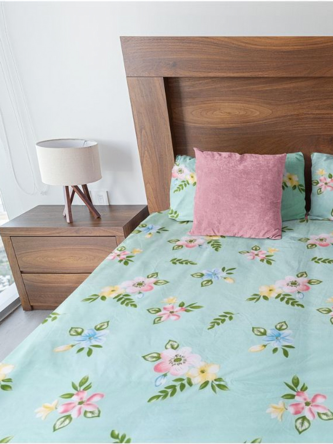 HARYANA HOOPS Green & Pink Floral 220 TC Queen Bedsheet Set 2.50m x 2.25m