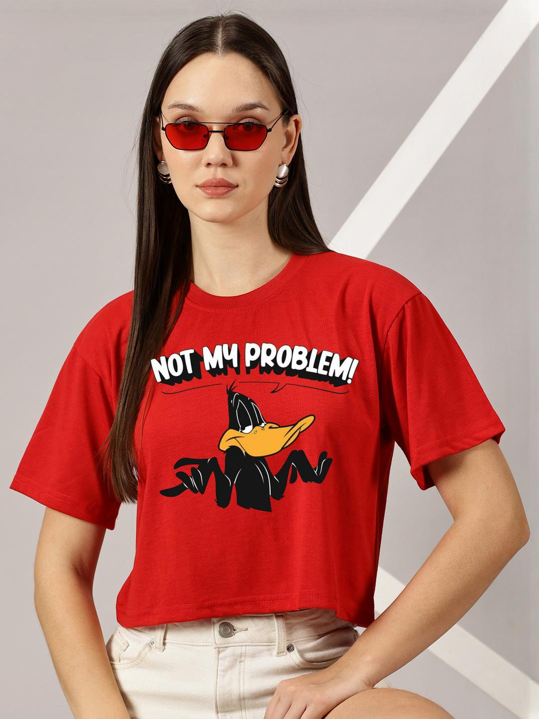 Dreambe Pack of 2 Scooby and Daffy Duck Printed Drop-Shoulder Sleeves Crop T-shirt