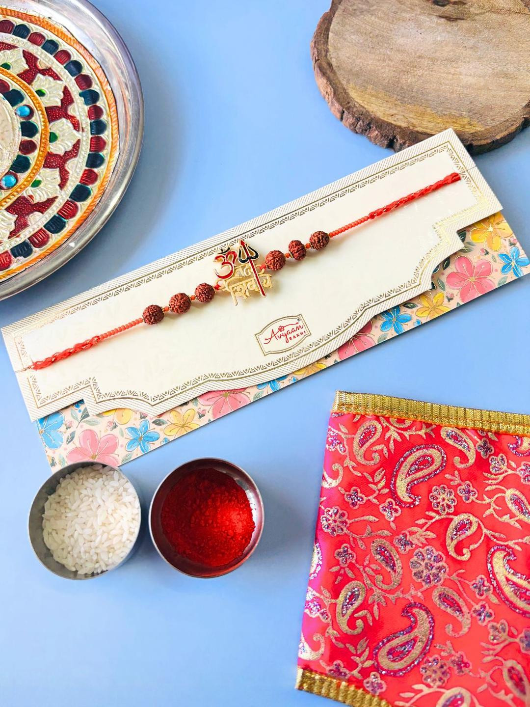 Rudraksh Rakhi Om Namah Shivay Trishul Kundan Meenakari Rakhi Traditional Handmade Rakhi for Brother