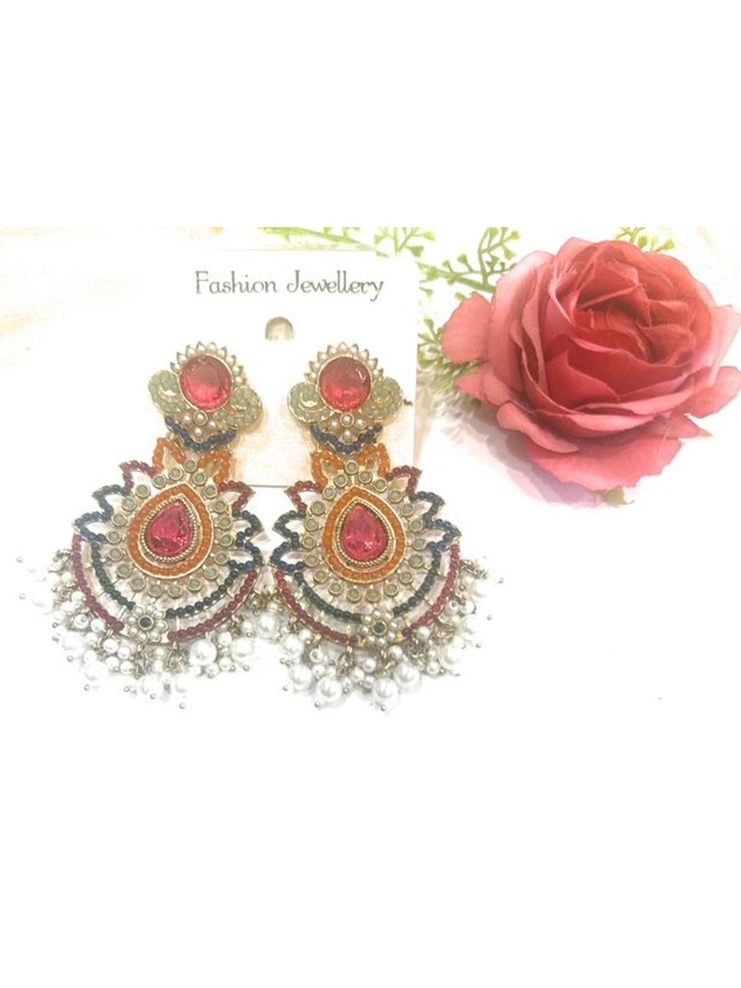 UWISH Gold-Plated Artificial Stones Studded and Beaded Floral Shaped Drop Earrings