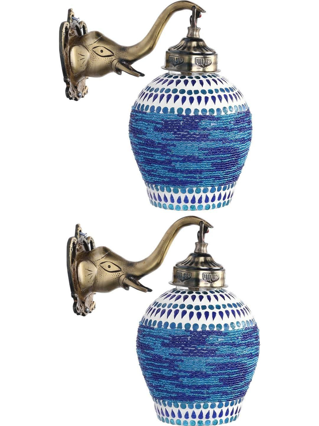 SOMIL Pack Of 2 Cylinder Shaped White And Blue Printed Glass Wall Lamps