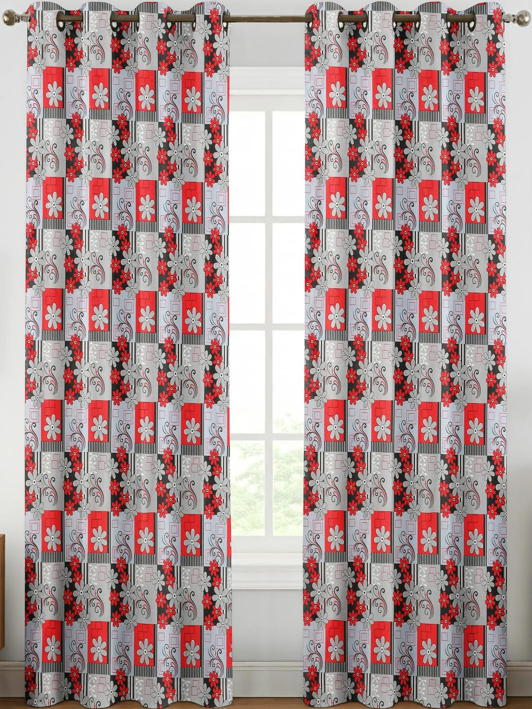 Lunar Days Set Of 2 Grey And Red Floral Room Darkening Eyelet Ring Long Door Curtain