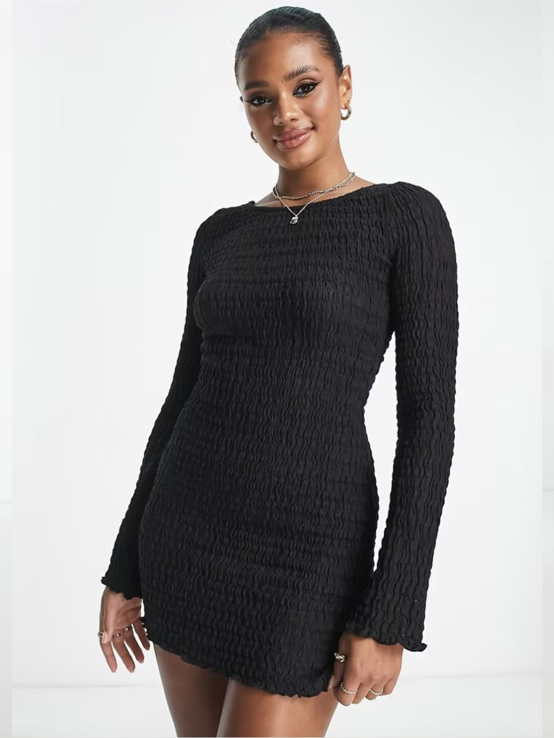 Fragancia Textured Boat Neck Smocked Backless Bodycon Mini Dress