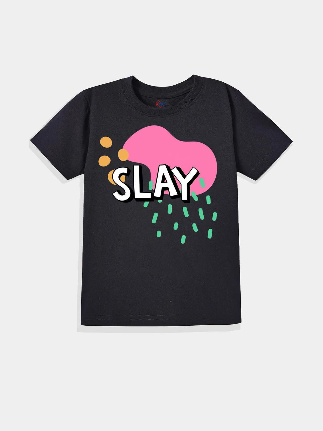 KAVEE Pure Cotton Half Sleeves Slay Text Printed Bio Washed Tee - Black