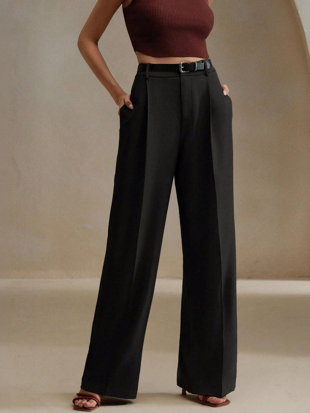 Chemistry Women Solid Relaxed Straight Leg Baggy High-Rise Casual Wide Leg