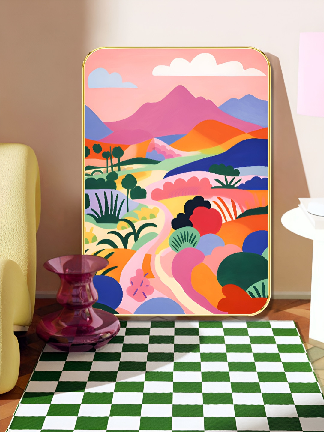 SAF Pink & Red Abstract Hills Printed Wooden Wall Art