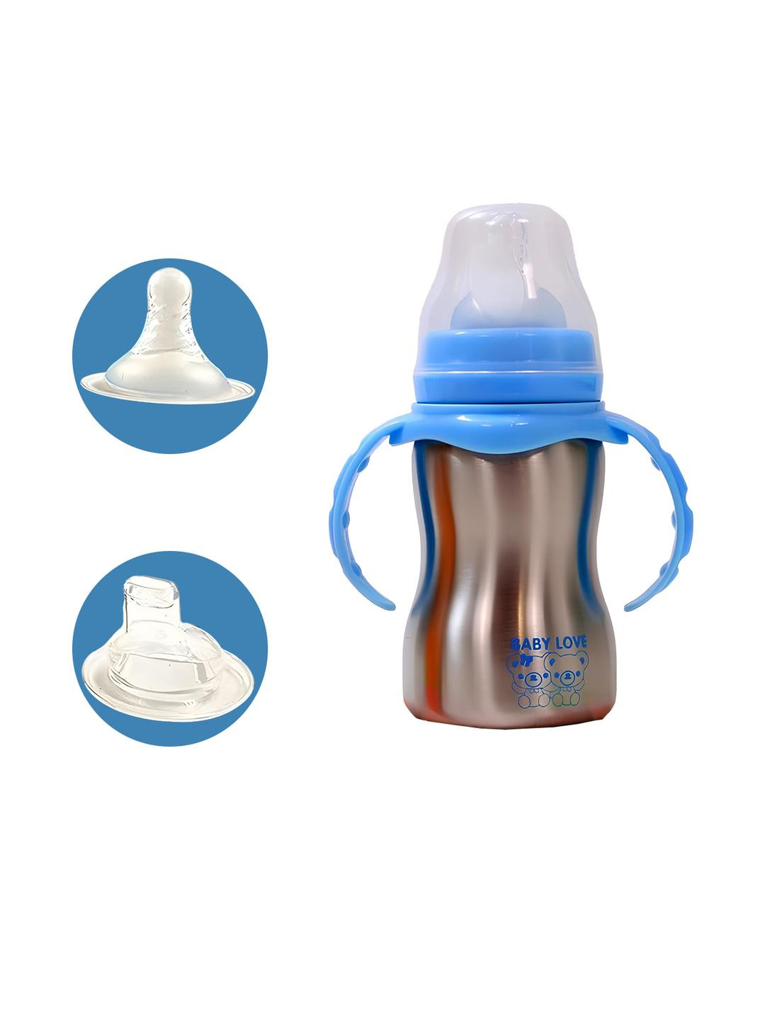 JOYFILLS Silver Stainless Steel 2 in 1 Baby Feeding Bottle with Silicone Nipple