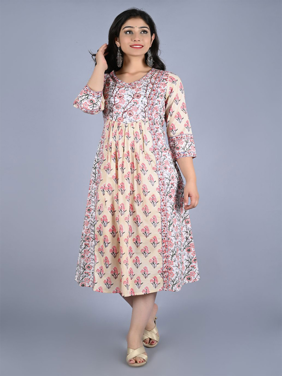 MYAZA Floral Printed V-Neck Mirror Work Fit & Flared Cotton Ethnic Dress