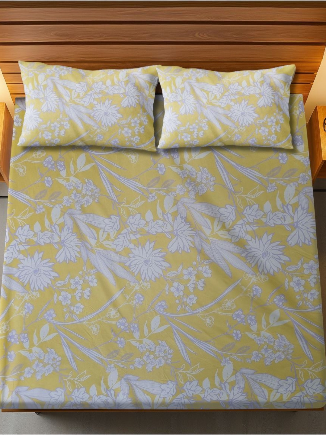 HARYANA HOOPS Yellow & White Floral Printed 220 TC Queen Bedsheet Set 2.50m x 2.25m