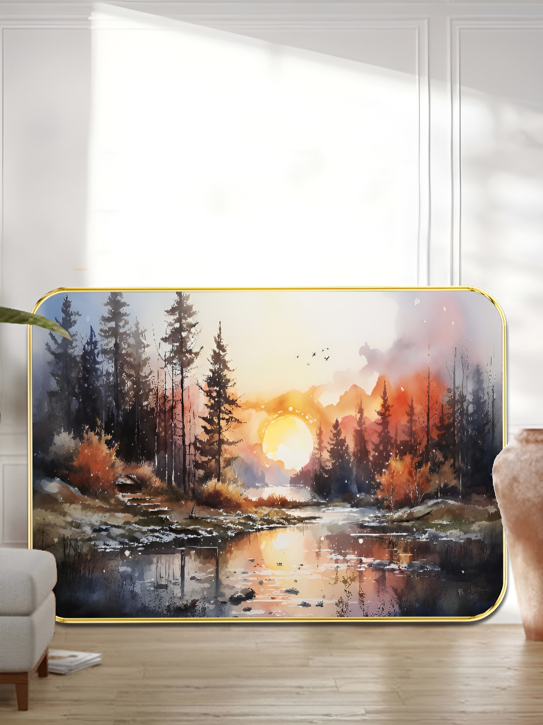 SAF Orange & Black Wood Golden Frame Forest Sunset Wall Art