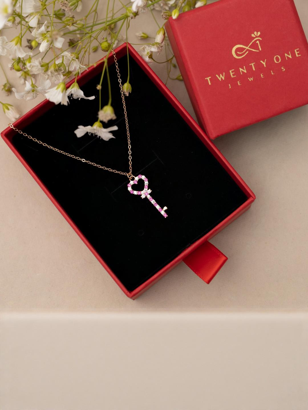 925 Silver Rose Gold Finish with Ruby Key to My Heart Pendant