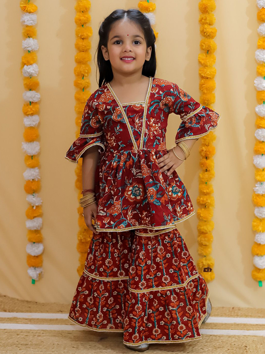 FREE BIRDS Girls Floral Printed Anarkali Gotta Patti Pure Cotton Kurta With Sharara