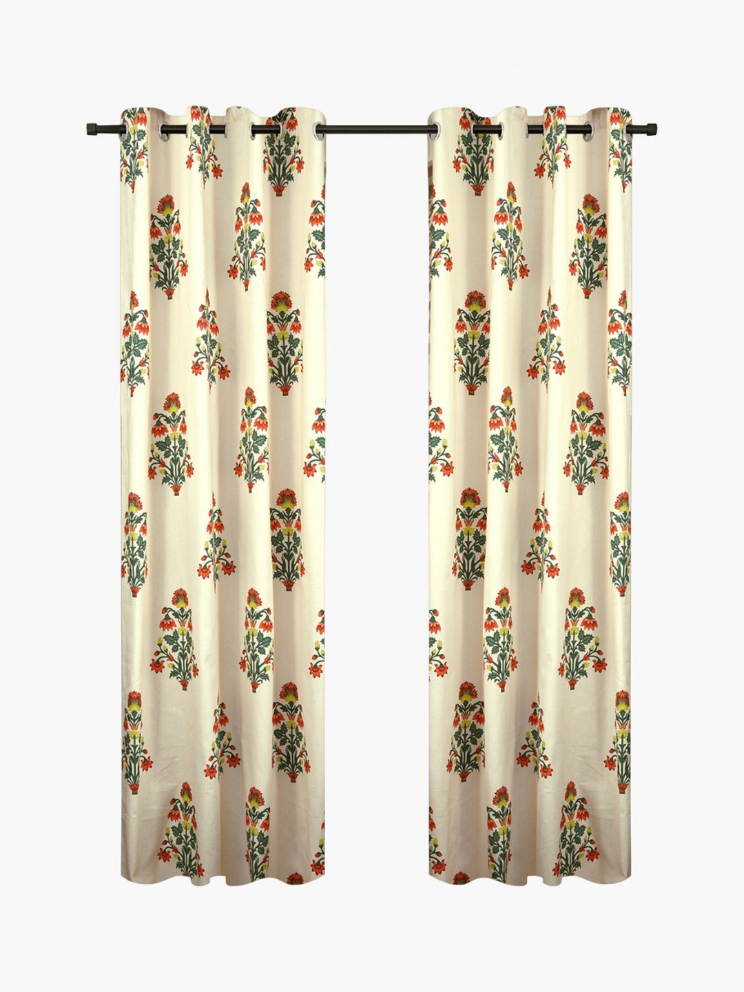 Aura Beige & Green 2 Pieces Floral Printed Cotton Door Curtains