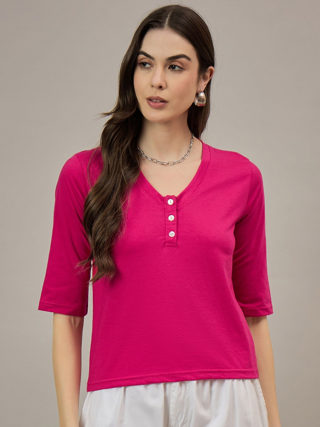 R.Code by The Roadster Lifestyle Co. Women Solid V-Neck Cotton T-shirt