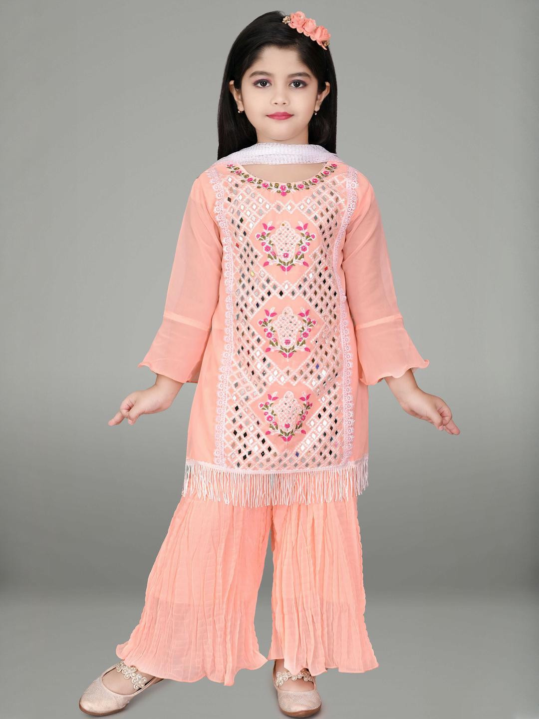 NFashion Girls Embroidered Mirror Work Kurta Palazzo And Dupatta