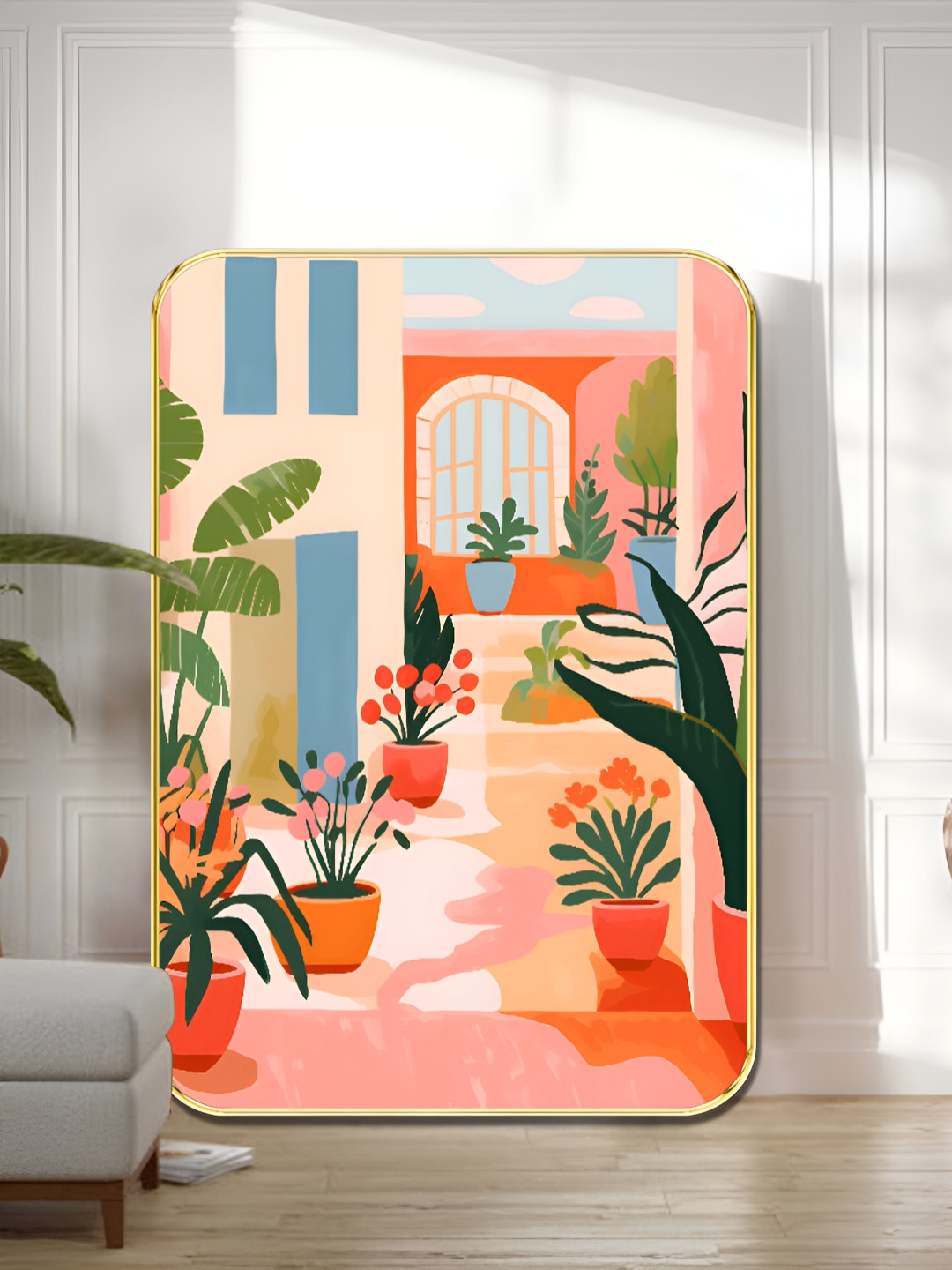 SAF Pink & Blue Mediterranean Patio Garden Printed MDF Wooden Wall Art