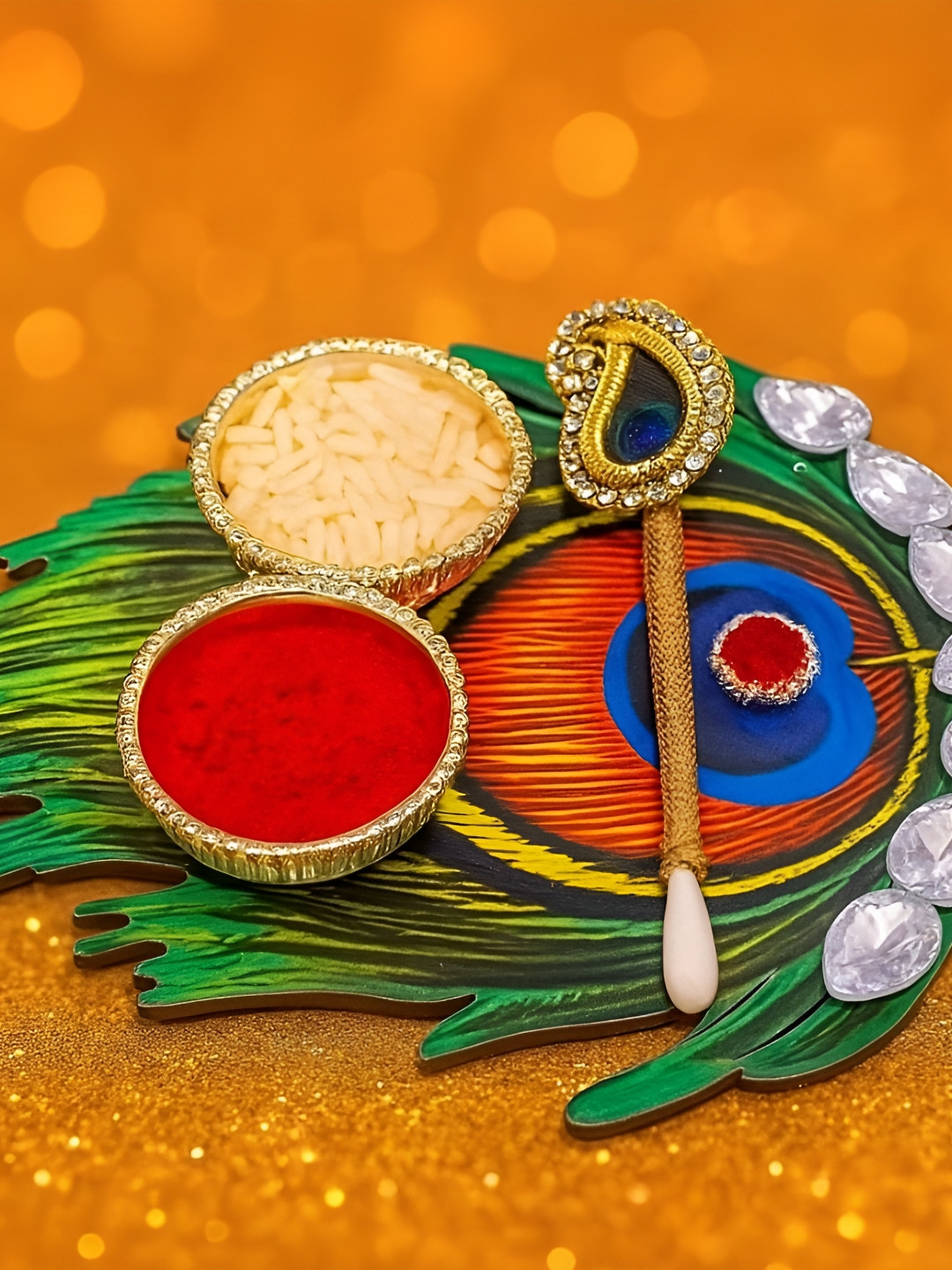 PUFFSMART Green & Yellow Textured Wooden Mor Pankh Roli Chawal Stand With Roli Stick