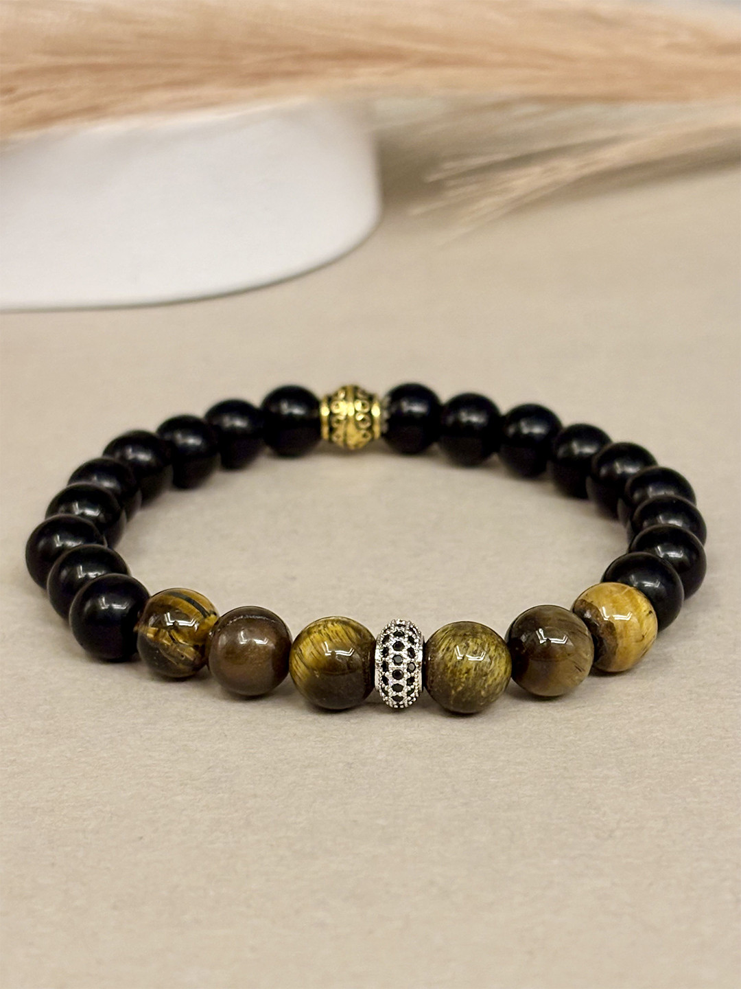SANAA CREATIONS Unisex Ember Crest  Onyx, Sandstone & Silver Studded Elasticated Bracelet