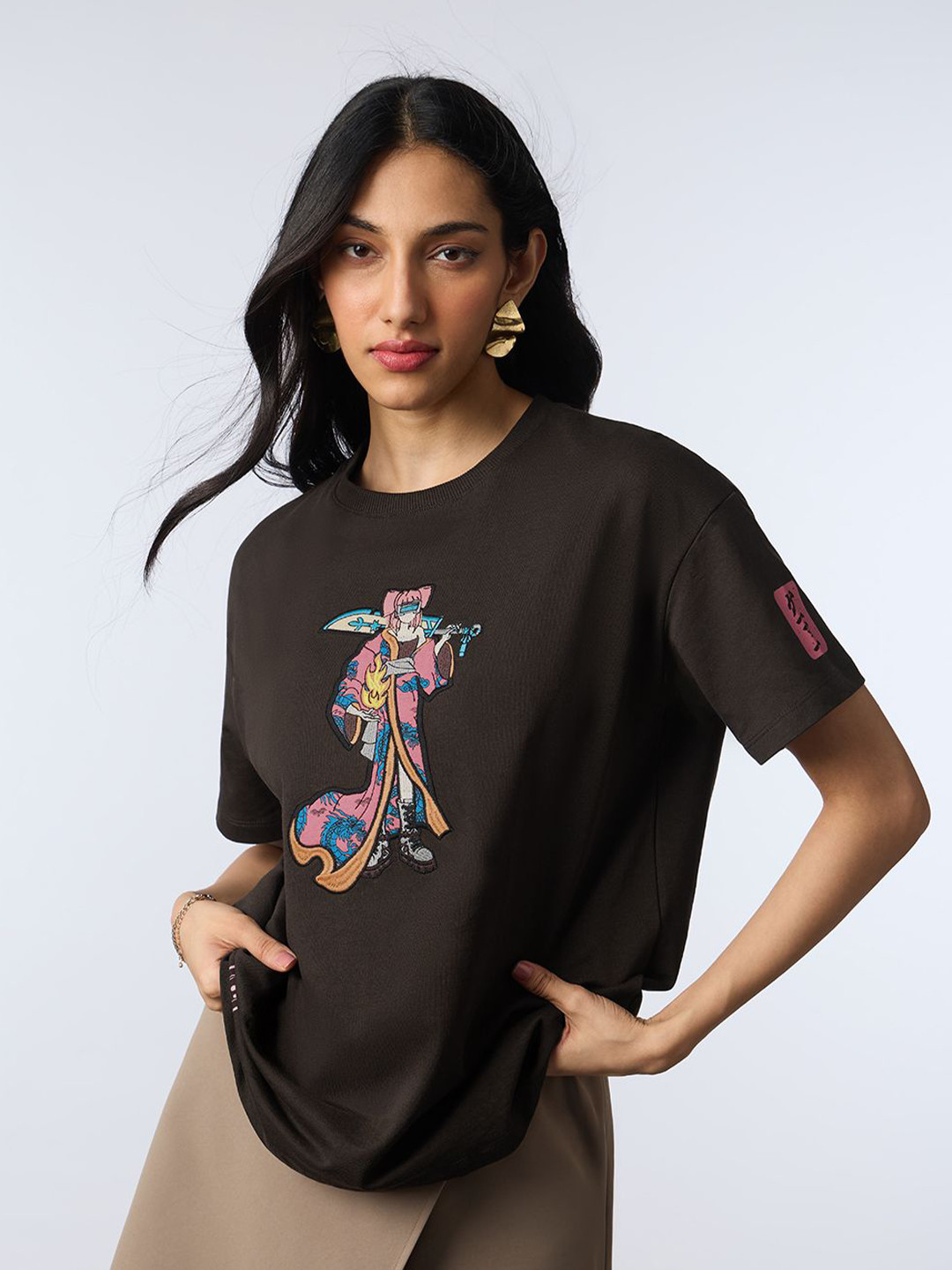 The Souled Store Oversized Ukiyo E Geisha Embroidered Pure Cotton T-Shirt
