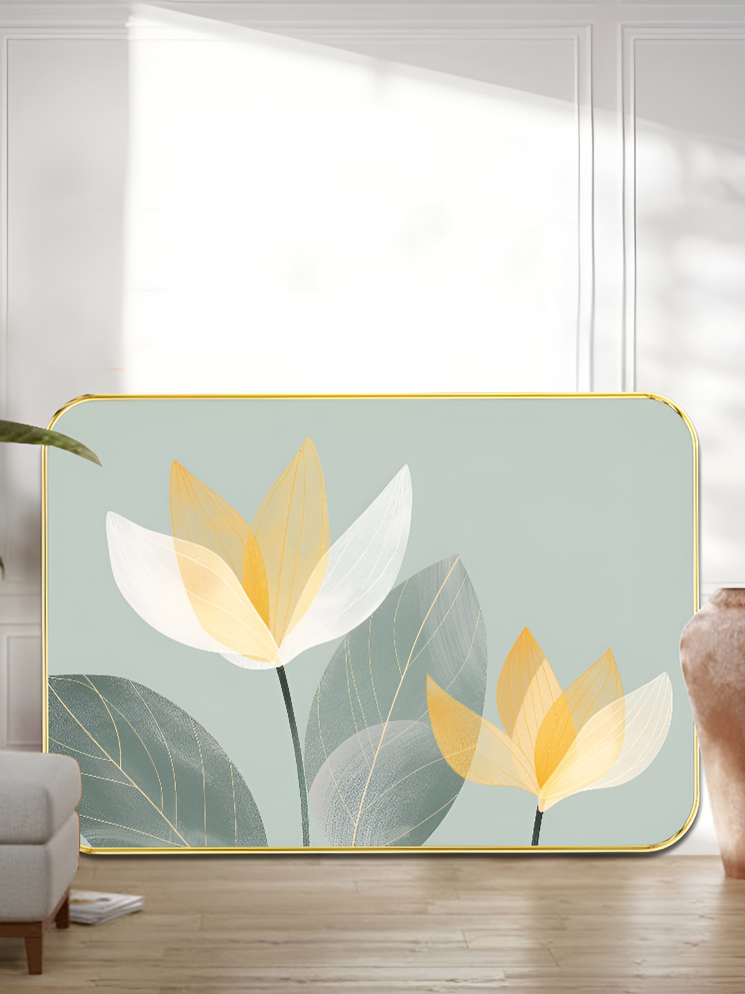 SAF Sea Green & White Minimal Lotus Wall Art